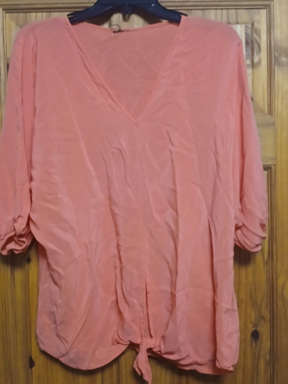 Women's Coral V-Neck Tie-Hem Blouse 100% Silk